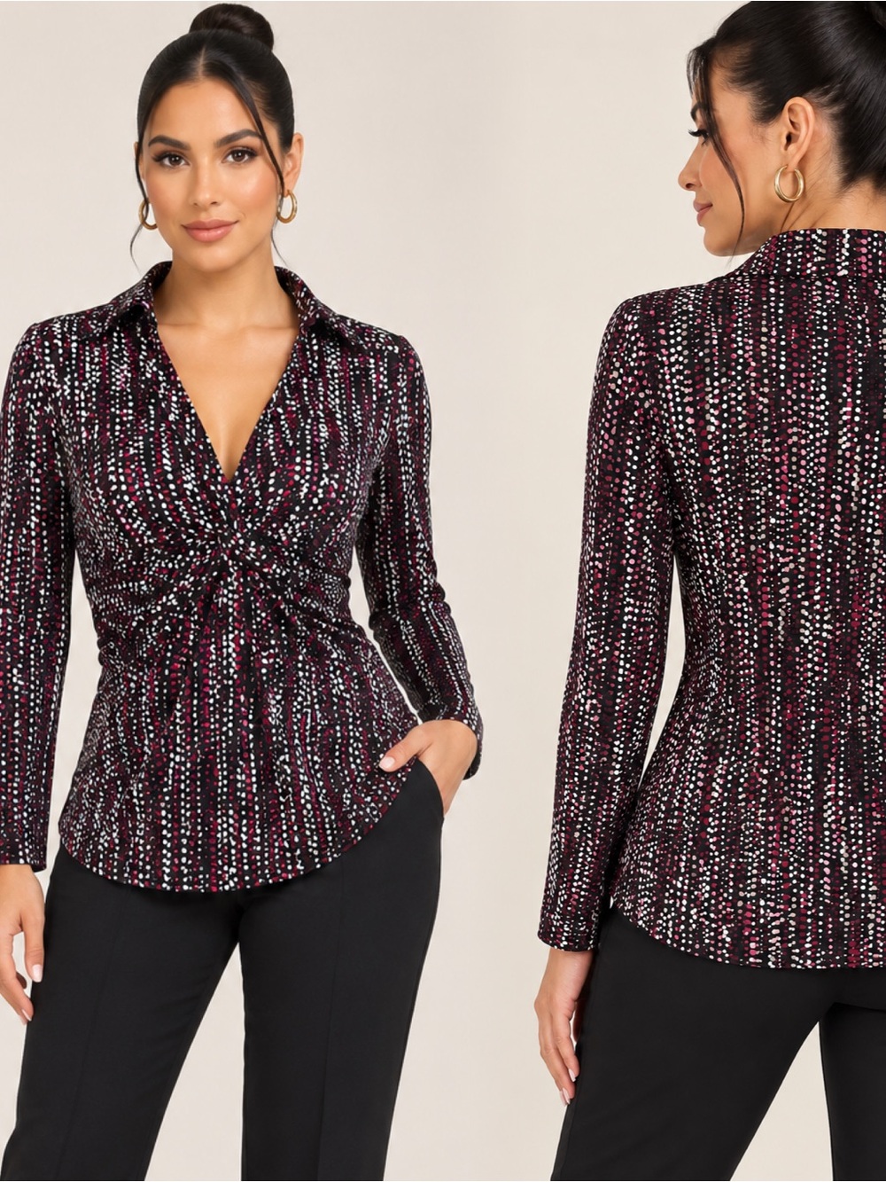 Nicole Miller Black & Berry Twist-Front Collared Blouse